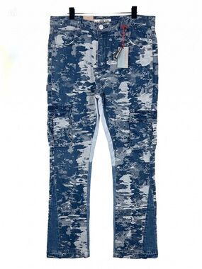 Armor Jeans AJS695 Blue Cargo Jacquard Stacked Denim Jeans Size 40x36